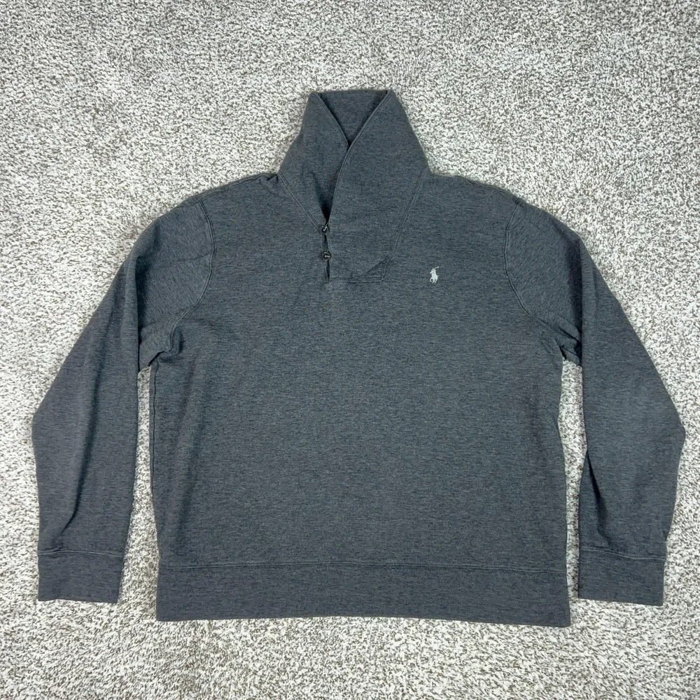 Polo Ralph Lauren Sweater Mens XL Gray Shawl Collar Button Pullover Pony Logo‎